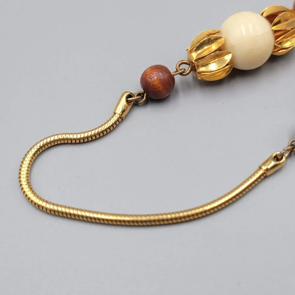 Vintage Long Station Wood Bead Necklace Snake Chain 34" Estate Costume Jewelry - Picture 2 of 8